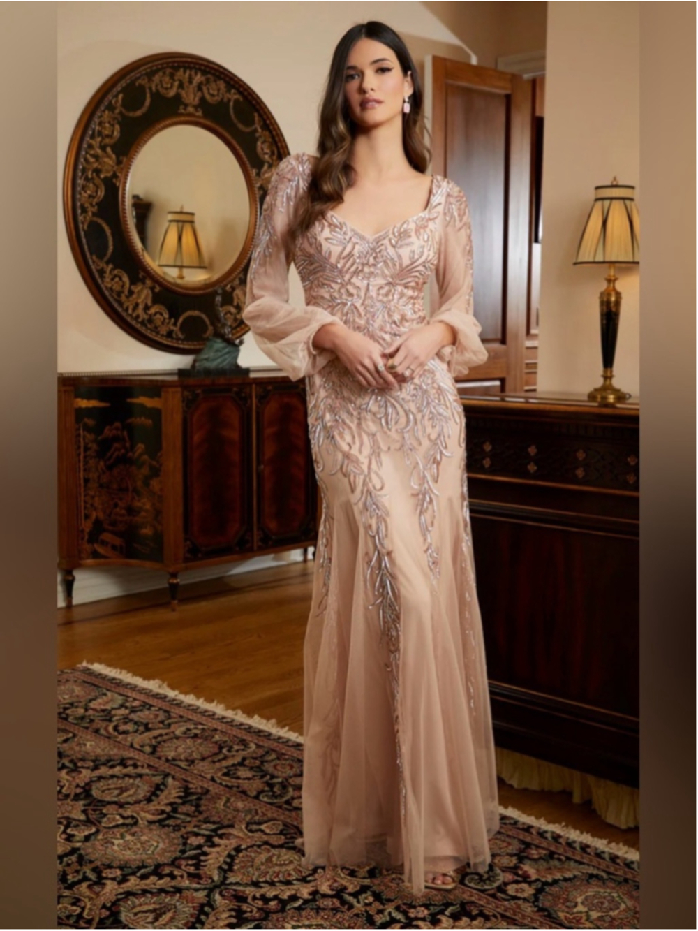 NWT-Embellished Blush Mesh Evening Gown in rose gold
